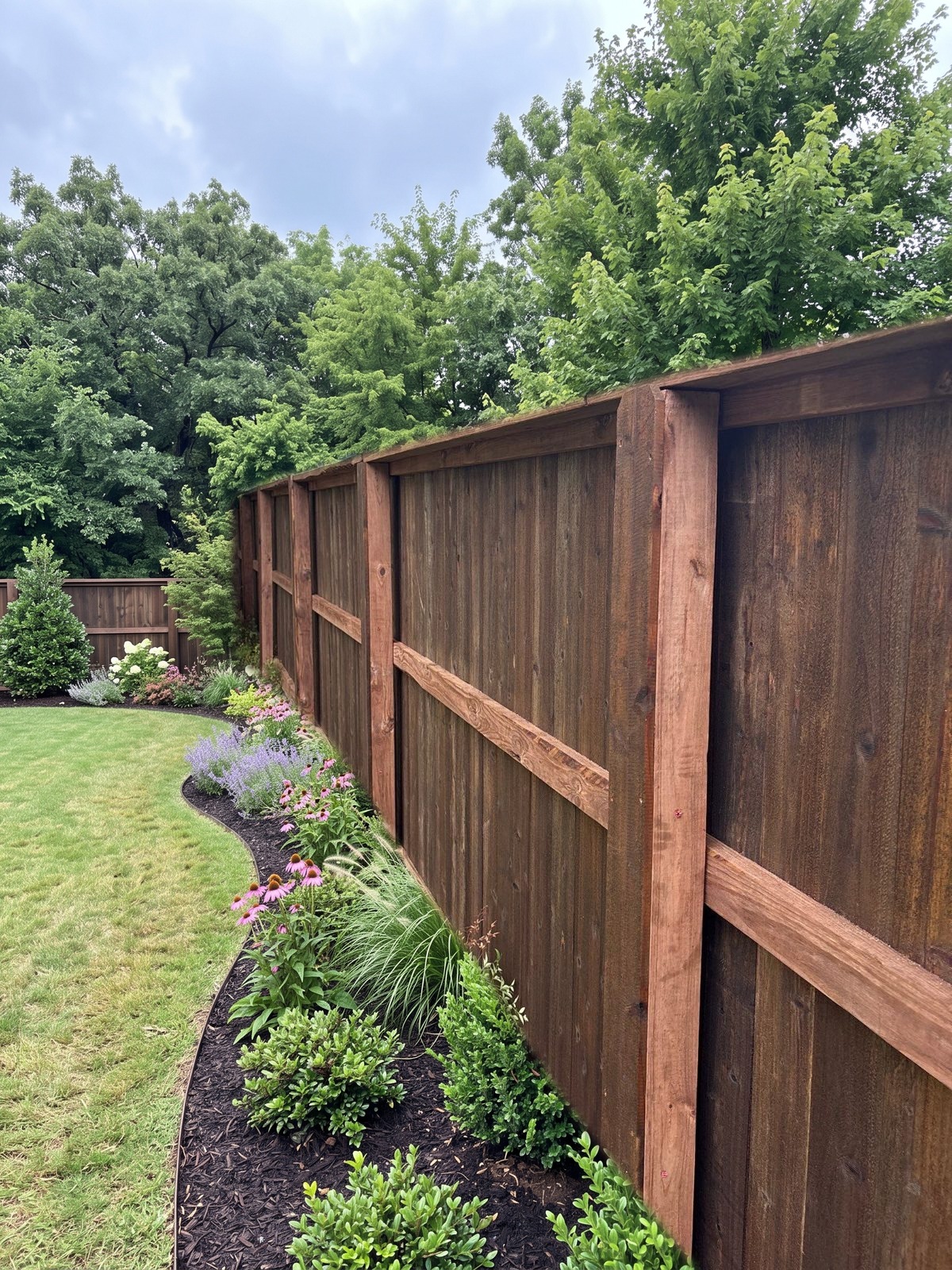Stained cedar privacy fence built by Blue Ribbon Fence Co.